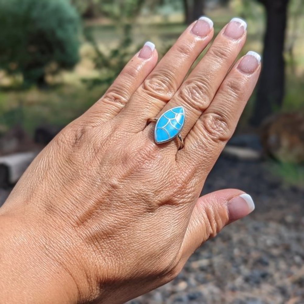 Zuni Fish Scales Ring Inlay Turquoise Sterling Silver, Hand Made Jewelry***